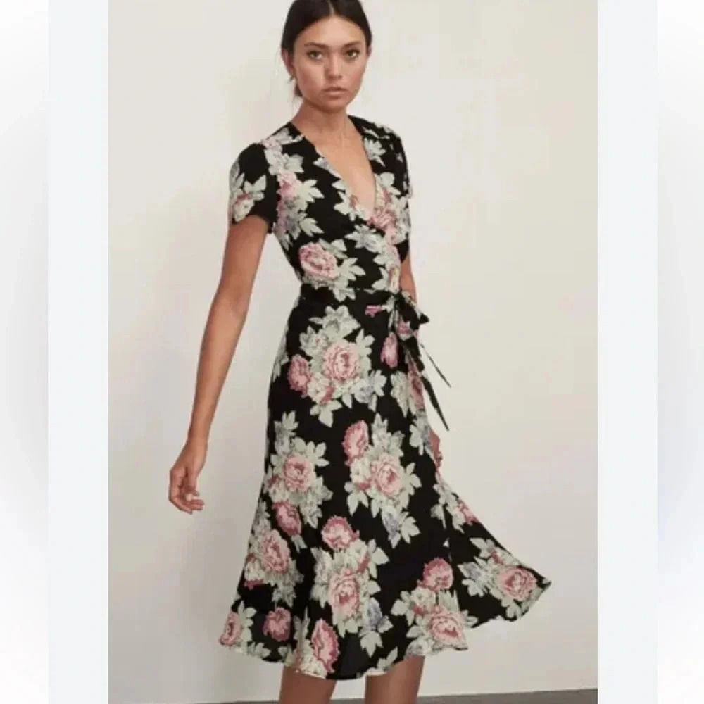 Reformation Women's Wrap Dress in Black Royce in Brookvale Floral Print Size Sm